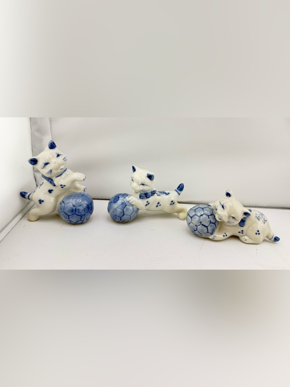 Vintage Blue White Cat with Ball Figurines Kitten Set of 3 Figure Set